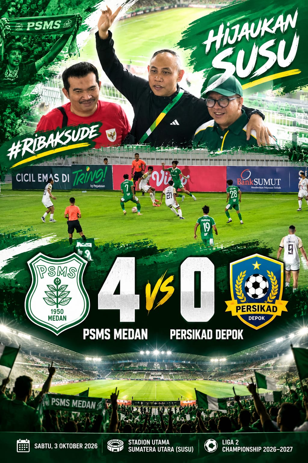 KADISPORASU APRESIASI KEMENANGAN PSMS MEDAN 4–0 ATAS PERSIKAD DEPOK